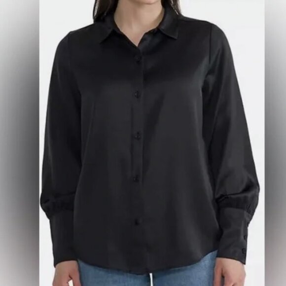 Joie Size XXL Black Button Down Blouse Black Satin Long Sleeve - Picture 1 of 6